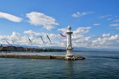 Switzerland, Geneva. A carp streamer [KOINOBORI] (traditional Japanese decoration) displayed on Lake Geneva. August 15, 2022.のeditorial素材