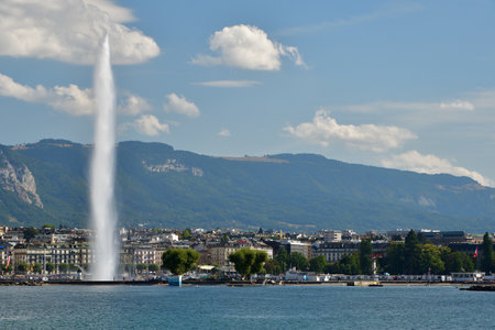 Switzerland, Geneva. Jet d'Eau (Water-Jet) on Lake Geneva. August 15, 2022.の写真素材