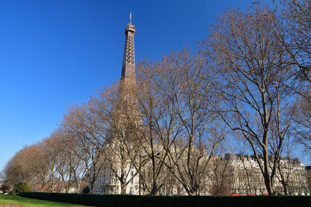 Paris, France. The Eiffel Tower as seen from the riverside promenade. February 28, 2021.の写真素材