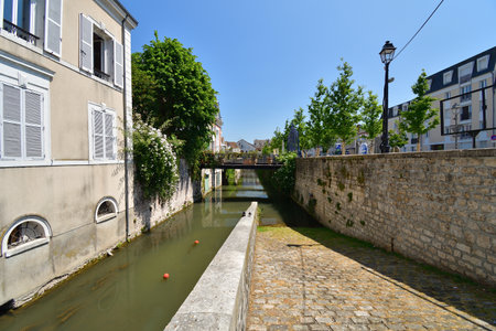 France, Montargis. Cityscape with a canal. May 29, 2023.のeditorial素材