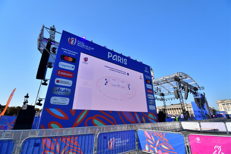 Paris, France. Rugby World Cup 2023. RUGBY VILLAGE installed at Place de la Concorde.September 10, 2023.のeditorial素材