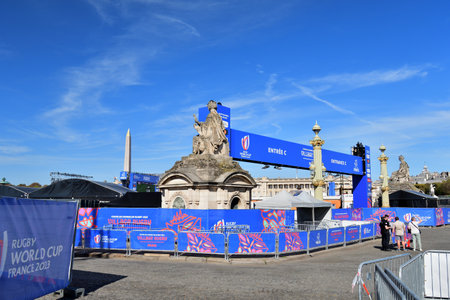 Paris, France. Rugby World Cup 2023. RUGBY VILLAGE installed at Place de la Concorde. October 1, 2023のeditorial素材