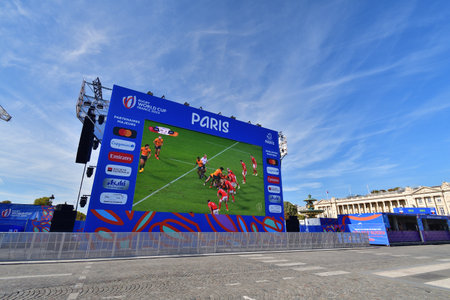 Paris, France. Rugby World Cup 2023. RUGBY VILLAGE installed at Place de la Concorde. October 1, 2023のeditorial素材
