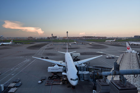 Tokyo Japan. Haneda Airport Terminal 3. View from the observation deck at dusk. August 17, 2023.のeditorial素材