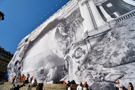 Paris, France. Trick art by JR at the OpÃ©ra Garnier being renovated. September 24, 2023.のeditorial素材