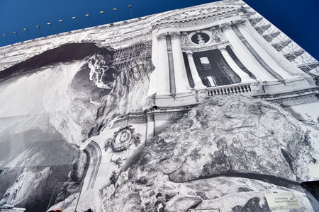 Paris, France. Trick art by JR at the OpÃ©ra Garnier being renovated. September 24, 2023.のeditorial素材