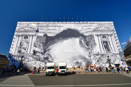 Paris, France. Trick art by JR at the OpÃ©ra Garnier being renovated. September 24, 2023.のeditorial素材
