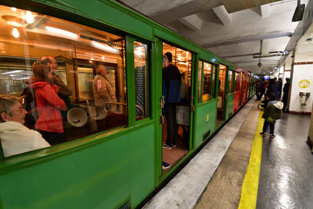 Paris, France. An exhibition of old subway cars at Porte de Saint-Cloud station. April 16, 2023.のeditorial素材