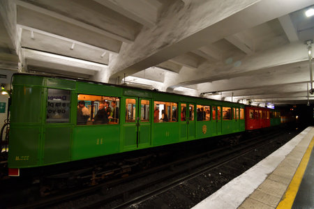 Paris, France. An exhibition of old subway cars at Porte de Saint-Cloud station. April 16, 2023.のeditorial素材