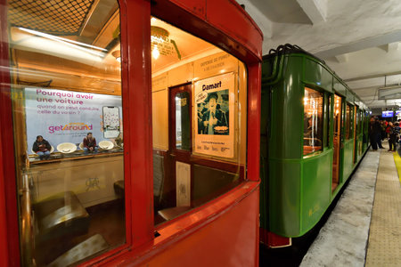 Paris, France. An exhibition of old subway cars at Porte de Saint-Cloud station. April 16, 2023.のeditorial素材