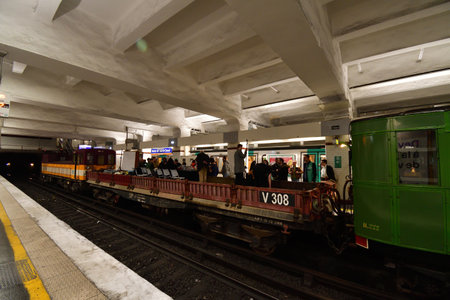 Paris, France. An exhibition of old subway cars at Porte de Saint-Cloud station. April 16, 2023.のeditorial素材