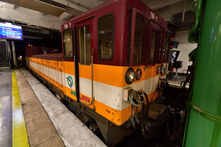 Paris, France. An exhibition of old subway cars at Porte de Saint-Cloud station. April 16, 2023.のeditorial素材