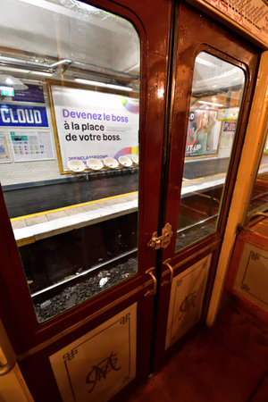 Paris, France. An exhibition of old subway cars at Porte de Saint-Cloud station. April 16, 2023.のeditorial素材