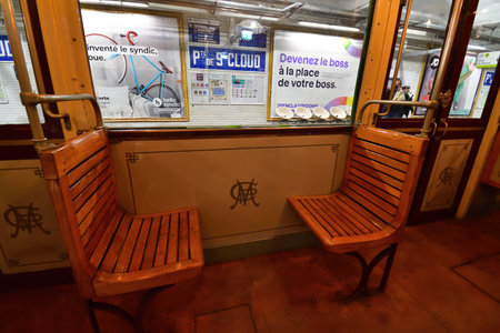 Paris, France. An exhibition of old subway cars at Porte de Saint-Cloud station. April 16, 2023.のeditorial素材