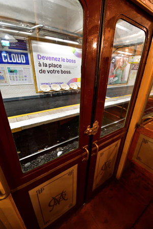 Paris, France. An exhibition of old subway cars at Porte de Saint-Cloud station. April 16, 2023.のeditorial素材