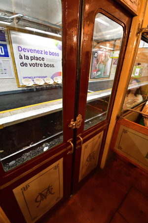 Paris, France. An exhibition of old subway cars at Porte de Saint-Cloud station. April 16, 2023.のeditorial素材