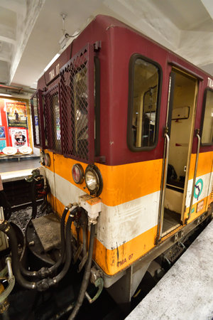 Paris, France. An exhibition of old subway cars at Porte de Saint-Cloud station. April 16, 2023.のeditorial素材