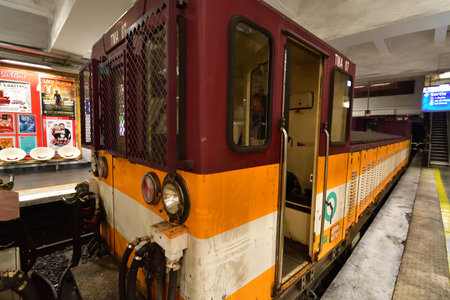 Paris, France. An exhibition of old subway cars at Porte de Saint-Cloud station. April 16, 2023.のeditorial素材