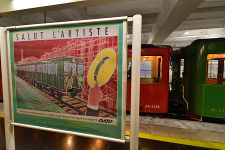 Paris, France. An exhibition of old subway cars at Porte de Saint-Cloud station. April 16, 2023.のeditorial素材