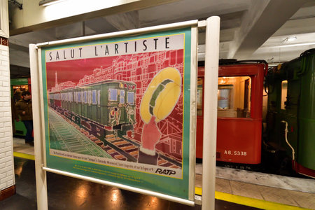 Paris, France. An exhibition of old subway cars at Porte de Saint-Cloud station. April 16, 2023.のeditorial素材
