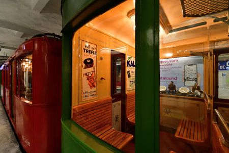 Paris, France. An exhibition of old subway cars at Porte de Saint-Cloud station. April 16, 2023.のeditorial素材