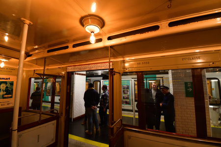 Paris, France. An exhibition of old subway cars at Porte de Saint-Cloud station. April 16, 2023.のeditorial素材