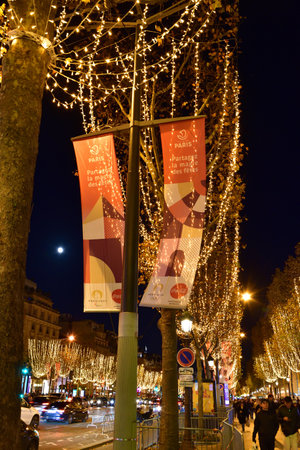 Paris, France. Christmas illuminations on the Champs ElysÃ©es. November 25, 2023.のeditorial素材