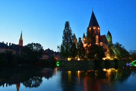 Metz, France. Night view of Temple Neuf (New Temple), a Protestant church. May 11, 2024.の写真素材