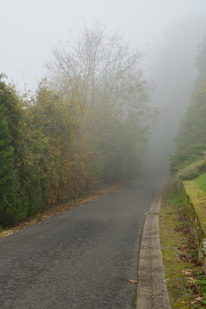 The streets of Sancerre shrouded in a thick fog. November 01, 2024の写真素材