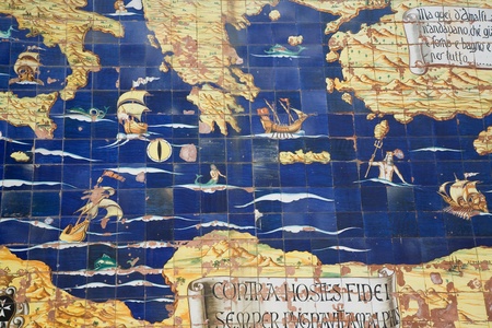 amalfi, italy - 4 april 2009: map illustrating of mythological mediterranean sea along the wall of...