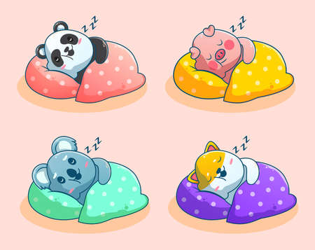 cute sleepy animal pet set panda, pig, koala, hamsterのイラスト素材