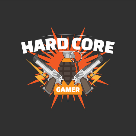 Hard core gamer logo with two guns and a hand grenade. Gaming profile avatar.のイラスト素材