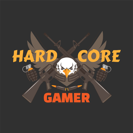 Hard core gamer logo with an eagle, wings, hand grenades, bullets and guns. Gaming profile avatar.のイラスト素材