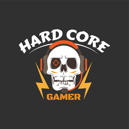 Hard core gamer logo with white skull, earphones, microphone, lightning and aiming in eye. Gaming profile avatar.のイラスト素材