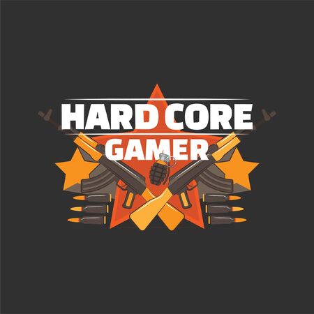 Hard core gamer logo with crossed guns, bullets, stars and hand grenade. Gaming profile avatar.のイラスト素材