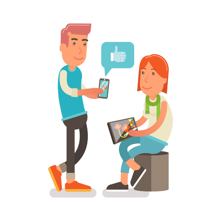 Generation Y Millennial Flat vector illustration showing a girl with a red hair and a scarf, she is graphic designer working on a tablet and she has a friend which is liking her work through social media.のイラスト素材
