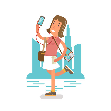 Generation Y Millennial  Flat vector illustration showing girl with a phone in a hand, listening music in earphones, photo camera on a shoulder and holding a cup of coffee. City scene in a background.のイラスト素材