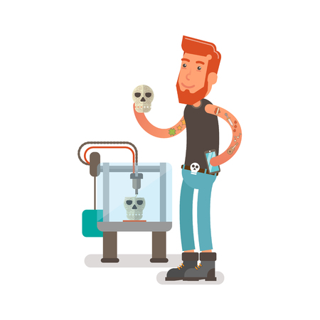 Generation Y, Millennial Flat vector illustration showing a guy with beard and tattoos on hands working with a 3D printer and making plastic skulls with floral pattern.のイラスト素材