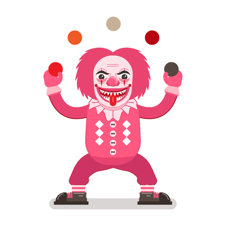 Scary Halloween clown in pink costume, sharp teeth and tongue out juggling ballsのイラスト素材