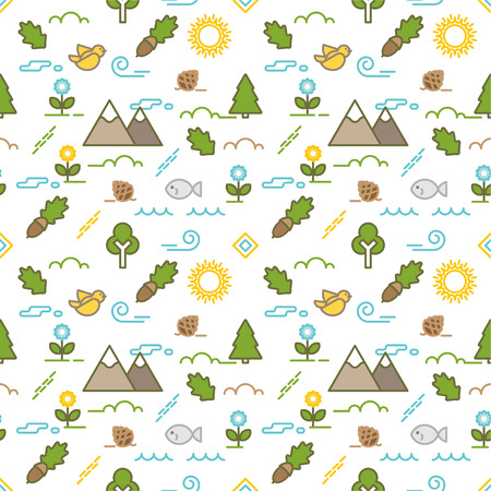 Seamless illustrated nature outdoors themed line style vector pattern.のイラスト素材
