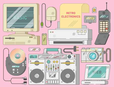 Retro vintage electronics set with computer, mouse, printer, mobile phone, cd player, photo camera,...
