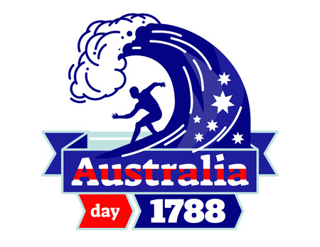 Australia day 1788 illustrated vector logo badge, celebrating National Day of Australia, surfer on a board with ribbon in Australia national colors.のイラスト素材
