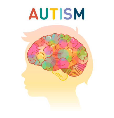 Autism concept vector illustration with child head and colorful brains.のイラスト素材