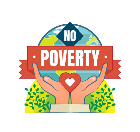 No Poverty vector icon badge with two hands, heart and globe in a background.のイラスト素材