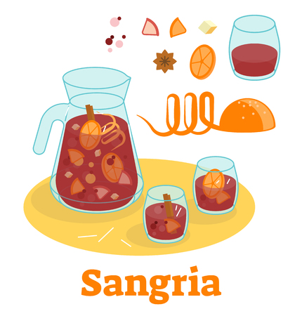 Vector illustration with Spanish traditional sangria red wine drink with fruitsのイラスト素材