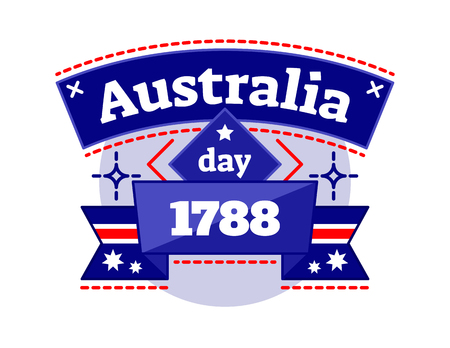 Australia day 1788 illustrated vector logo badge, celebrating National Day of Australia, ribbon in Australia national colors.のイラスト素材