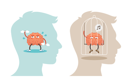 Mental Health concept vector illustration with active, healthy and restricted, unhealthy brain.のイラスト素材