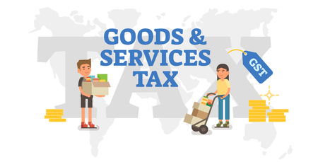 Good and services tax concept vector illustration with world map and two persons delivering cardboard boxes with goods.のイラスト素材