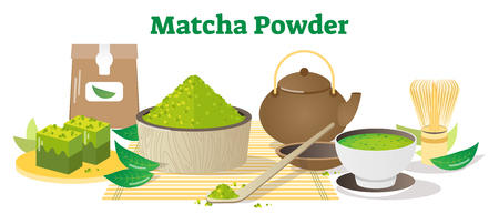 Matcha Tea Powder Conceptual Vector Illustration Collection, Japanese Tea Ceremony objects and elements.のイラスト素材