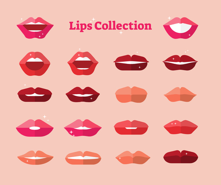 Vector lips collection set. Female fashion various moth shapes smiling, visible teeth. Simple flat style illustration.のイラスト素材